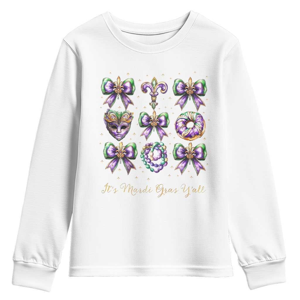 Coquette Bow Mardi Gras Youth Sweatshirt It's Mardi Gras Y'all Fleur De Lis Mask TS09 White Print Your Wear