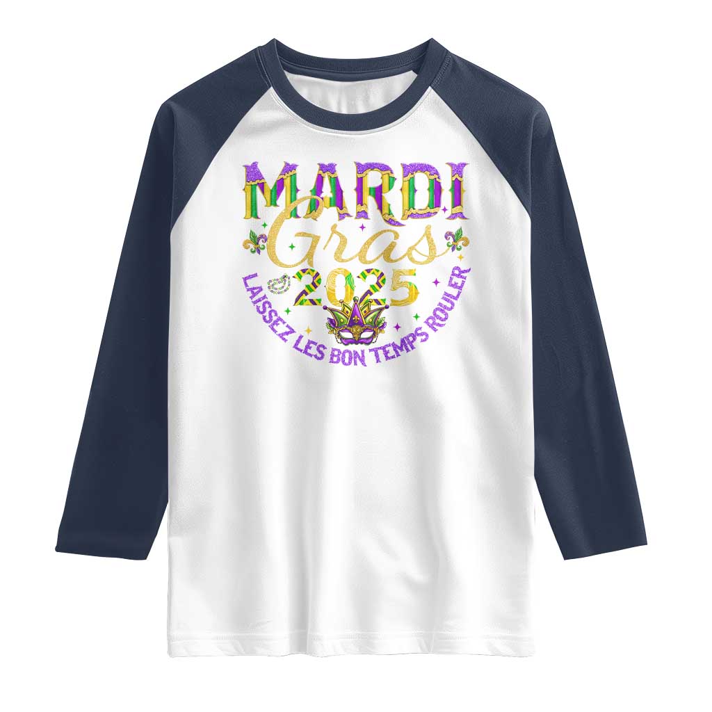 Mardi Gras 2025 Raglan Shirt Laissez Les Bon Temps Rouler TS09 White Navy Print Your Wear