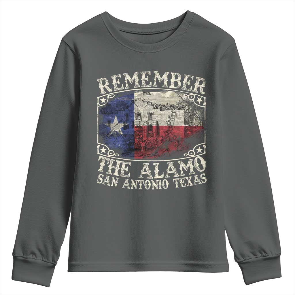 Texas Remember The Alamo Youth Sweatshirt San Antonio Alamo War Texan Flag History Lover TS09 Dark Heather Print Your Wear