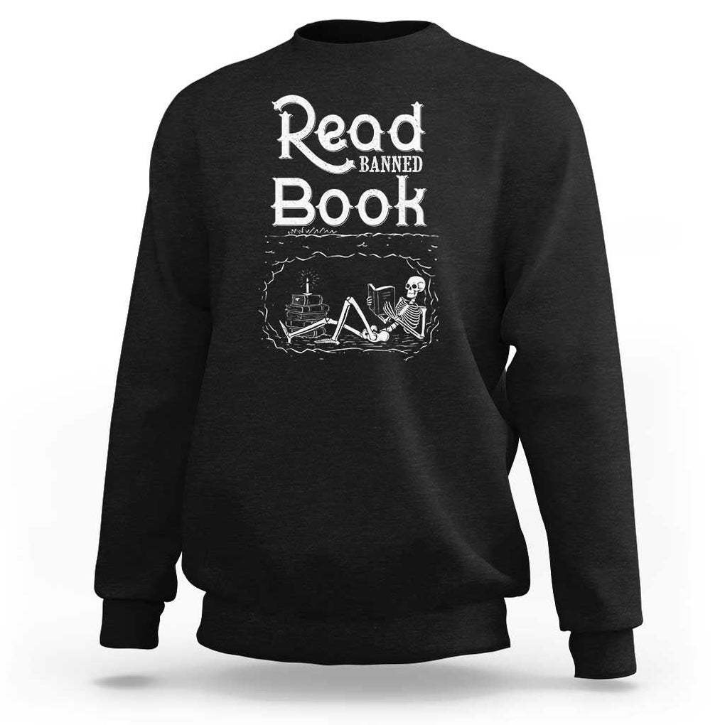 Funny Book Lover Sweatshirt Read Banned Books Skeleton TS09 Black Print Your Wear