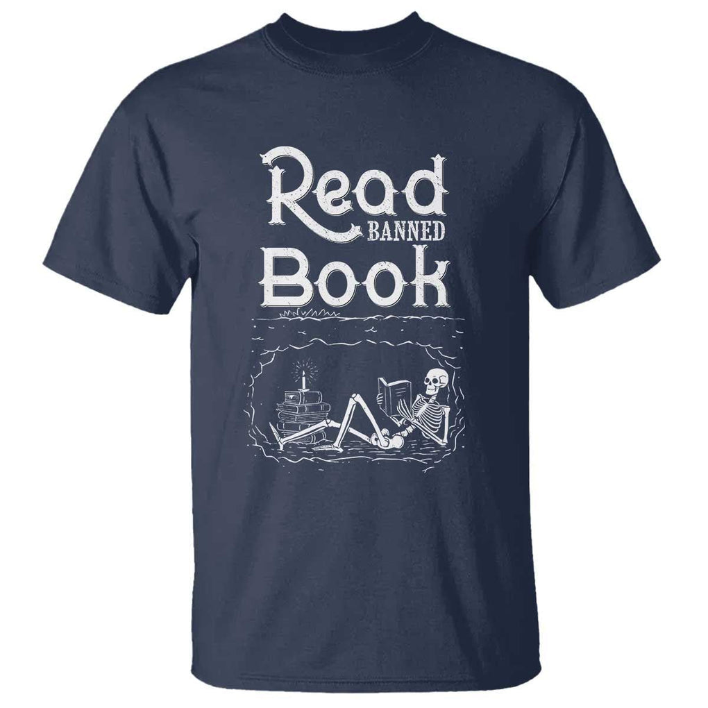 Funny Book Lover T Shirt Read Banned Books Skeleton TS09 Navy Print Your Wear