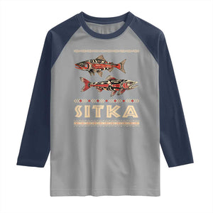 Native American Alaska Raglan Shirt Sitka Salmon Fishermen Art TS09 Sport Gray Navy Print Your Wear