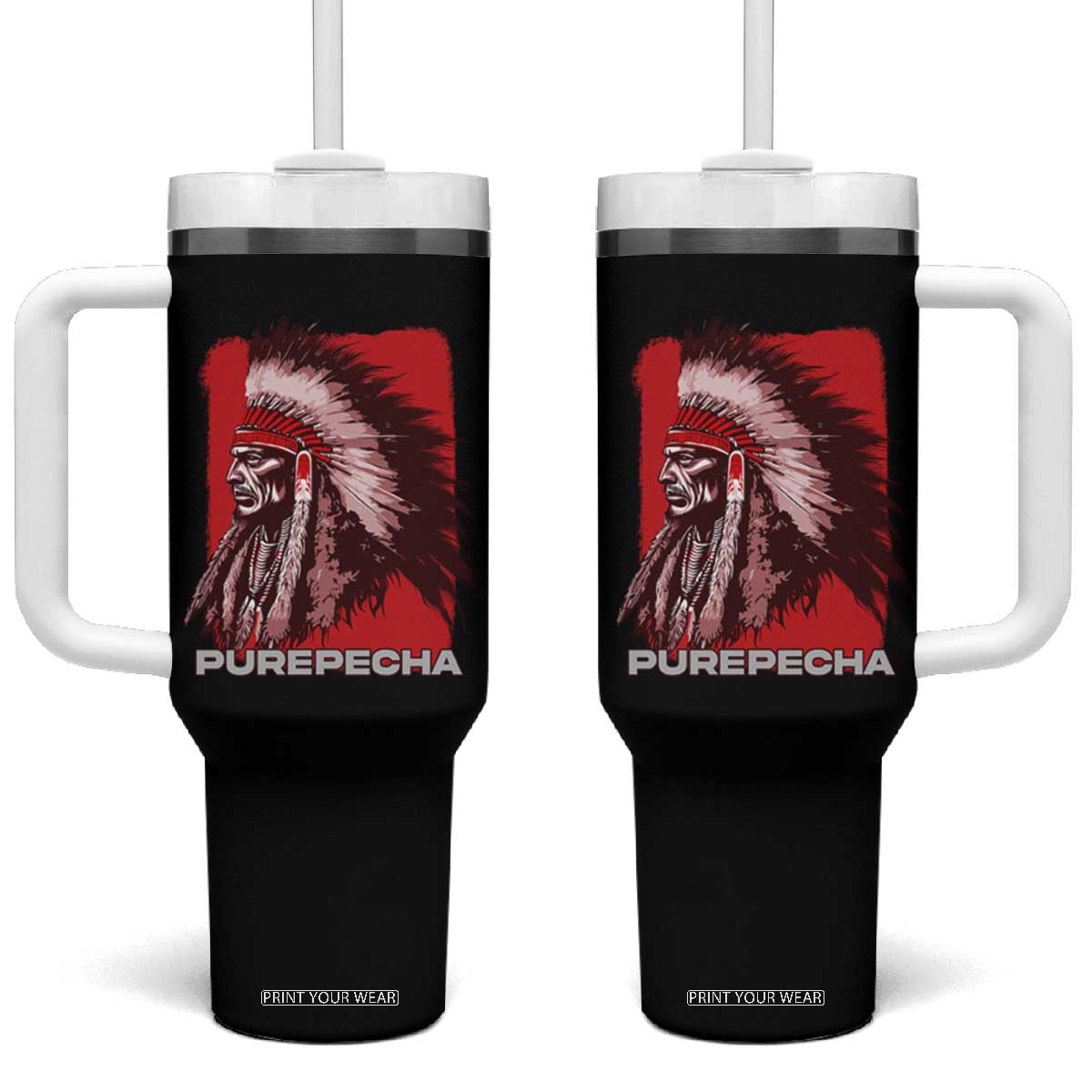 Mexican Indian Purepecha Tumbler With Handle Mexico Indigenous Proud Chief Vintage TS09 One Size: 40 oz Black Print Your Wear