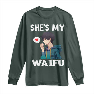 Valentine's Day Couple Matching Long Sleeve Shirt She's My Waifu Funny Anime Boyfriend TS09 Dark Forest Green Print Your Wear