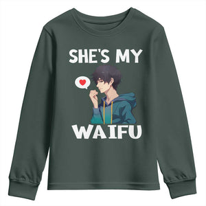 Valentine's Day Couple Matching Youth Sweatshirt She's My Waifu Funny Anime Boyfriend TS09 Dark Forest Green Print Your Wear