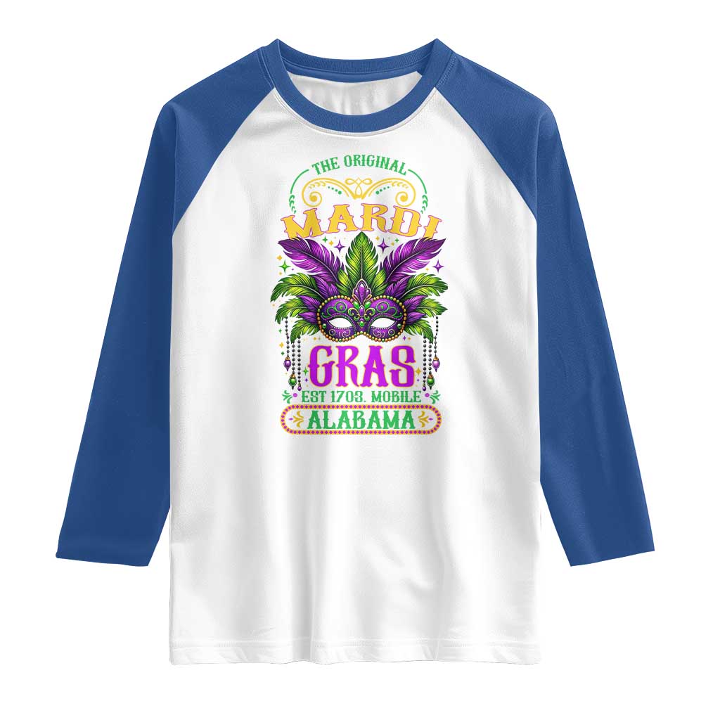 The Original Mardi Gras Mobile Alabama 1703 Raglan Shirt TS09 White Royal Print Your Wear