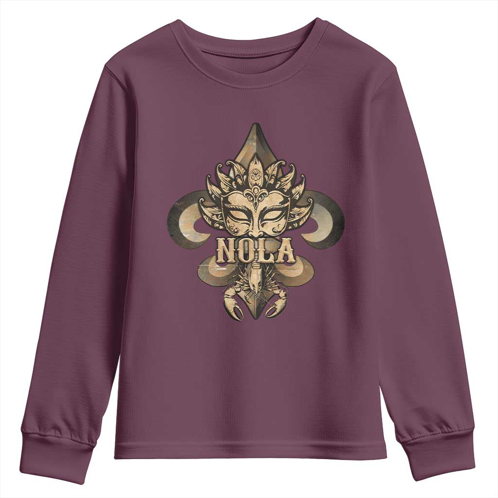 NOLA New Orleans Louisiana Youth Sweatshirt Mardi Gras Mask Fleur De Lis TS09 Maroon Print Your Wear