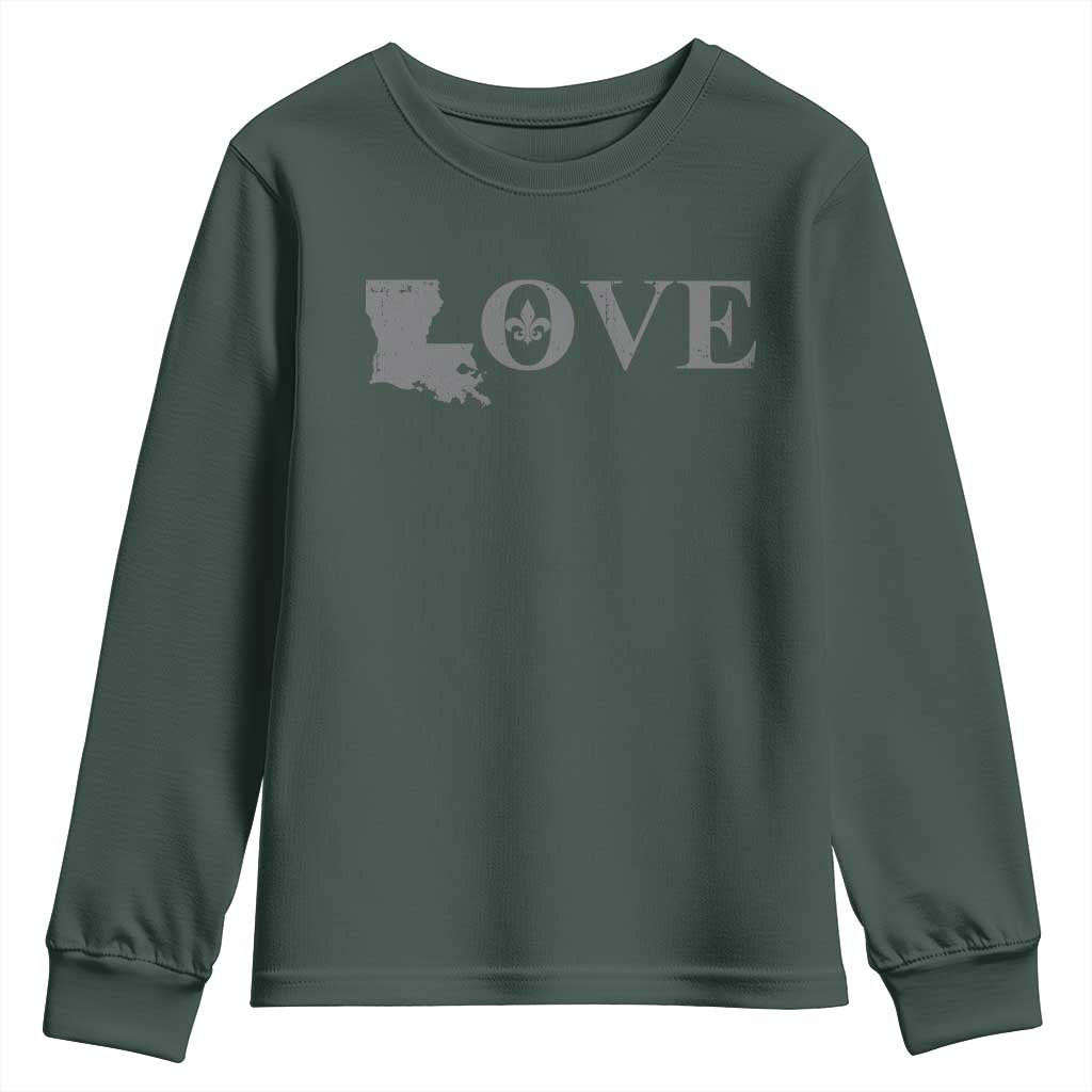 LOVE Louisiana Youth Sweatshirt Fleur De Lis LA Map TS09 Dark Forest Green Print Your Wear