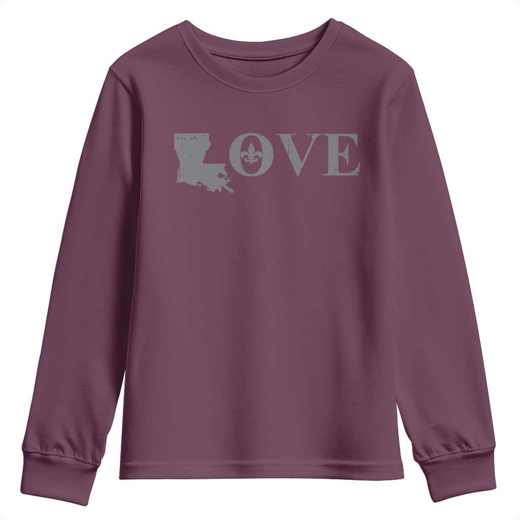 LOVE Louisiana Youth Sweatshirt Fleur De Lis LA Map TS09 Maroon Print Your Wear
