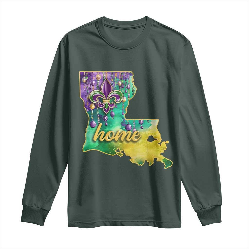 Home Louisiana Long Sleeve Shirt Mardi Gras Fleur De Lis LA Map TS09 Dark Forest Green Print Your Wear