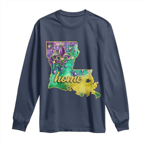 Home Louisiana Long Sleeve Shirt Mardi Gras Fleur De Lis LA Map TS09 Navy Print Your Wear