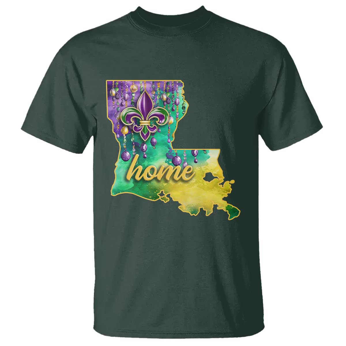 Home Louisiana T Shirt Mardi Gras Fleur De Lis LA Map TS09 Dark Forest Green Print Your Wear