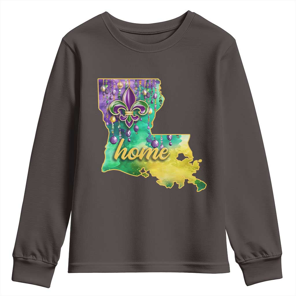 Home Louisiana Youth Sweatshirt Mardi Gras Fleur De Lis LA Map TS09 Dark Chocolate Print Your Wear