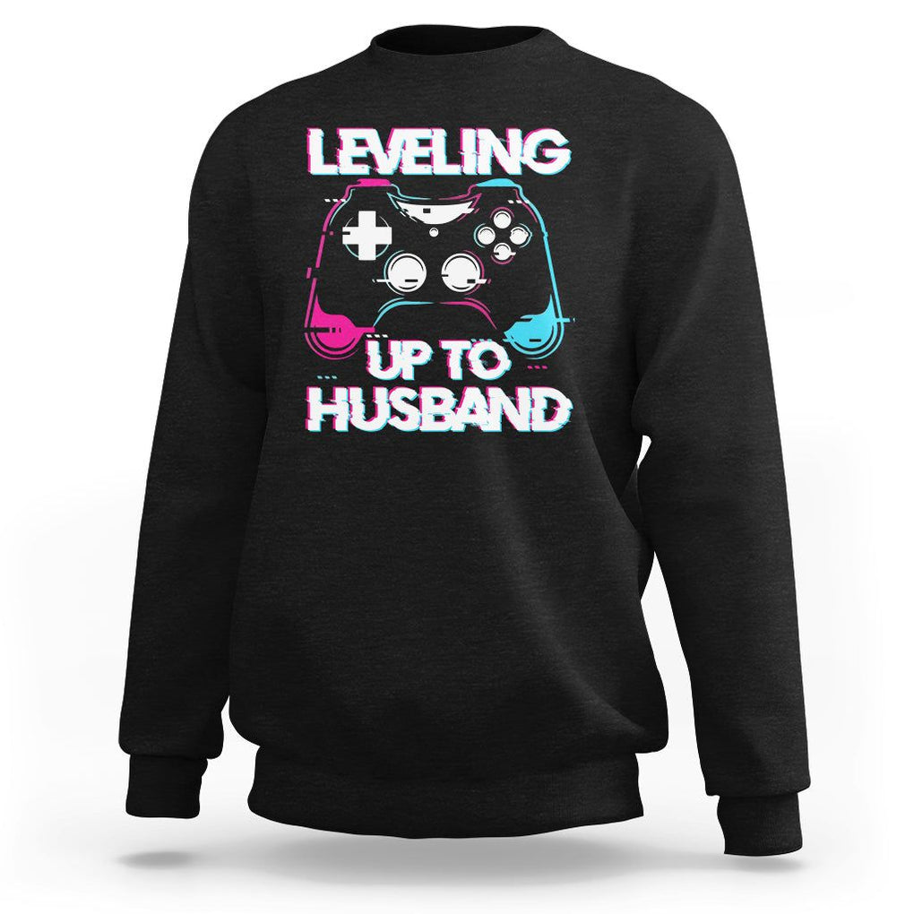 Engagement Sweatshirt Leveled Up To Husband Funny Gamer Vaporwave Newly Engaged Couple Matching TS09 Black Printyourwear