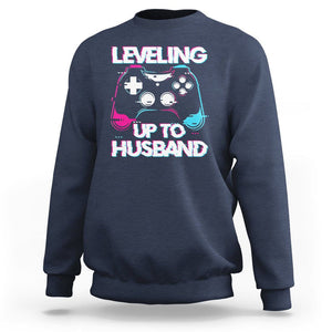 Engagement Sweatshirt Leveled Up To Husband Funny Gamer Vaporwave Newly Engaged Couple Matching TS09 Navy Printyourwear