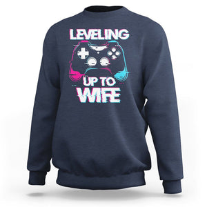 Engagement Sweatshirt Leveled Up To WIfe Funny Gamer Vaporwave Newly Engaged Couple Matching TS09 Navy Printyourwear