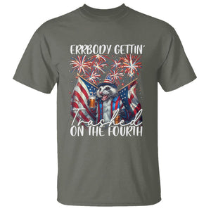 Funny 4th Of July Drinking T Shirt Everybody Gettin' Trashed On the Fourth American Opossum Patriotic Party TS09 Military Green Print Your Wear