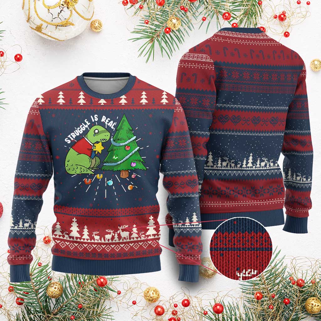 Christmas Cute Dinosaur Ugly Christmas Sweater Struggle Is Real TS09 Burgundy Print Your Wear