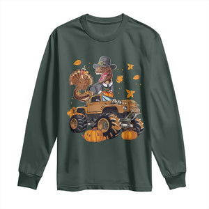 Thanksgiving Long Sleeve Shirt Dinosaur Turkey Riding Truck Monster TS09 Dark Forest Green Print Your Wear