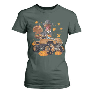 Thanksgiving T Shirt For Women Dinosaur Turkey Riding Truck Monster TS09 Dark Forest Green Print Your Wear