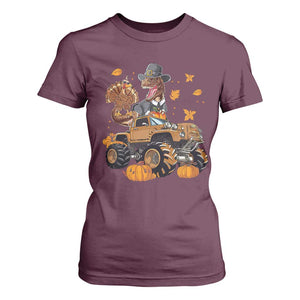 Thanksgiving T Shirt For Women Dinosaur Turkey Riding Truck Monster TS09 Maroon Print Your Wear