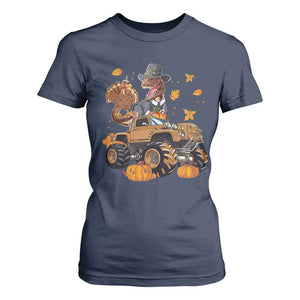 Thanksgiving T Shirt For Women Dinosaur Turkey Riding Truck Monster TS09 Navy Print Your Wear