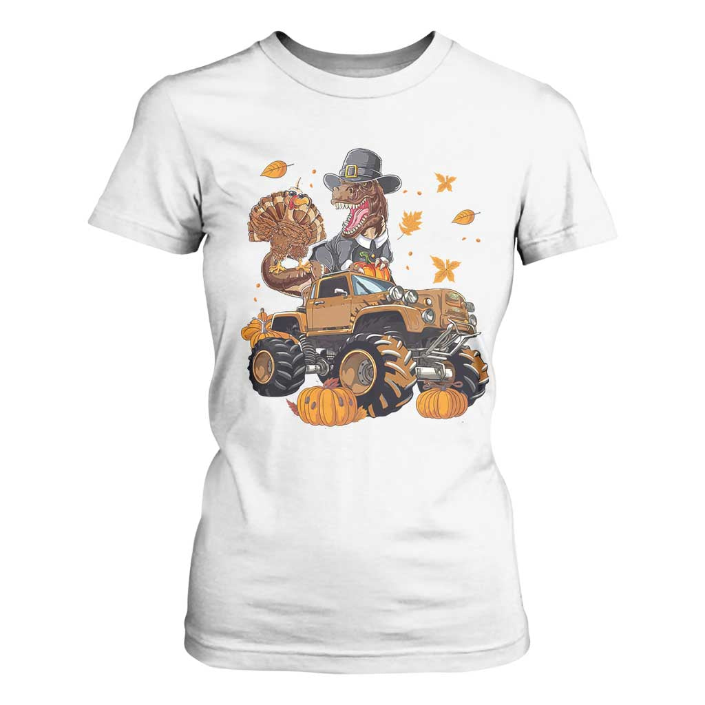 Thanksgiving T Shirt For Women Dinosaur Turkey Riding Truck Monster TS09 White Print Your Wear