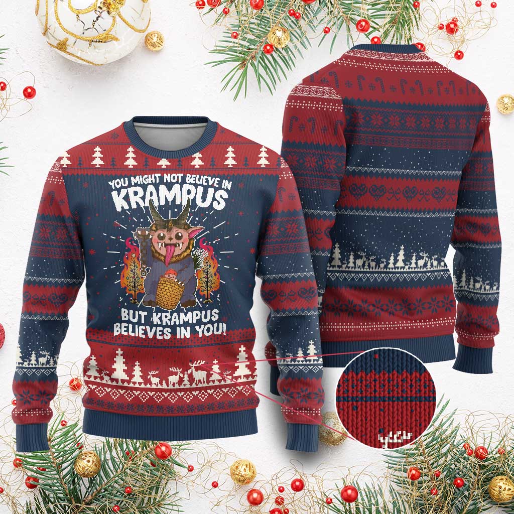 Cute Krampus Ugly Christmas Sweater Believes In You Germanic Christmas Demon Horror TS09 Burgundy Print Your Wear