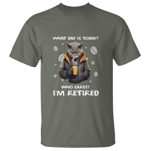 Retirement T Shirt What Day Is Today Who Cares Im Retired Funny Cat Drinking Coffee TS09 Military Green Printyourwear