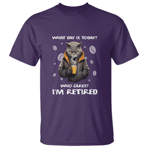 Retirement T Shirt What Day Is Today Who Cares Im Retired Funny Cat Drinking Coffee TS09 Purple Printyourwear