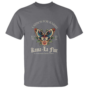 Latinos For Kamala T Shirt Harris Vote 2024 Kama-la Flor Traditional Tattoo Butterfly TS09 Charcoal Print Your Wear