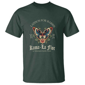 Latinos For Kamala T Shirt Harris Vote 2024 Kama-la Flor Traditional Tattoo Butterfly TS09 Dark Forest Green Print Your Wear