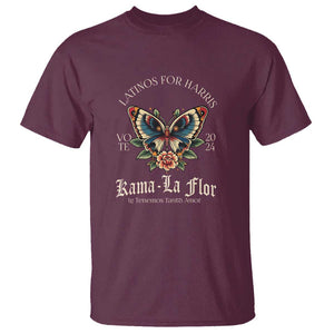 Latinos For Kamala T Shirt Harris Vote 2024 Kama-la Flor Traditional Tattoo Butterfly TS09 Maroon Print Your Wear