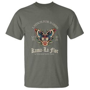 Latinos For Kamala T Shirt Harris Vote 2024 Kama-la Flor Traditional Tattoo Butterfly TS09 Military Green Print Your Wear