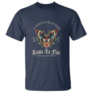 Latinos For Kamala T Shirt Harris Vote 2024 Kama-la Flor Traditional Tattoo Butterfly TS09 Navy Print Your Wear