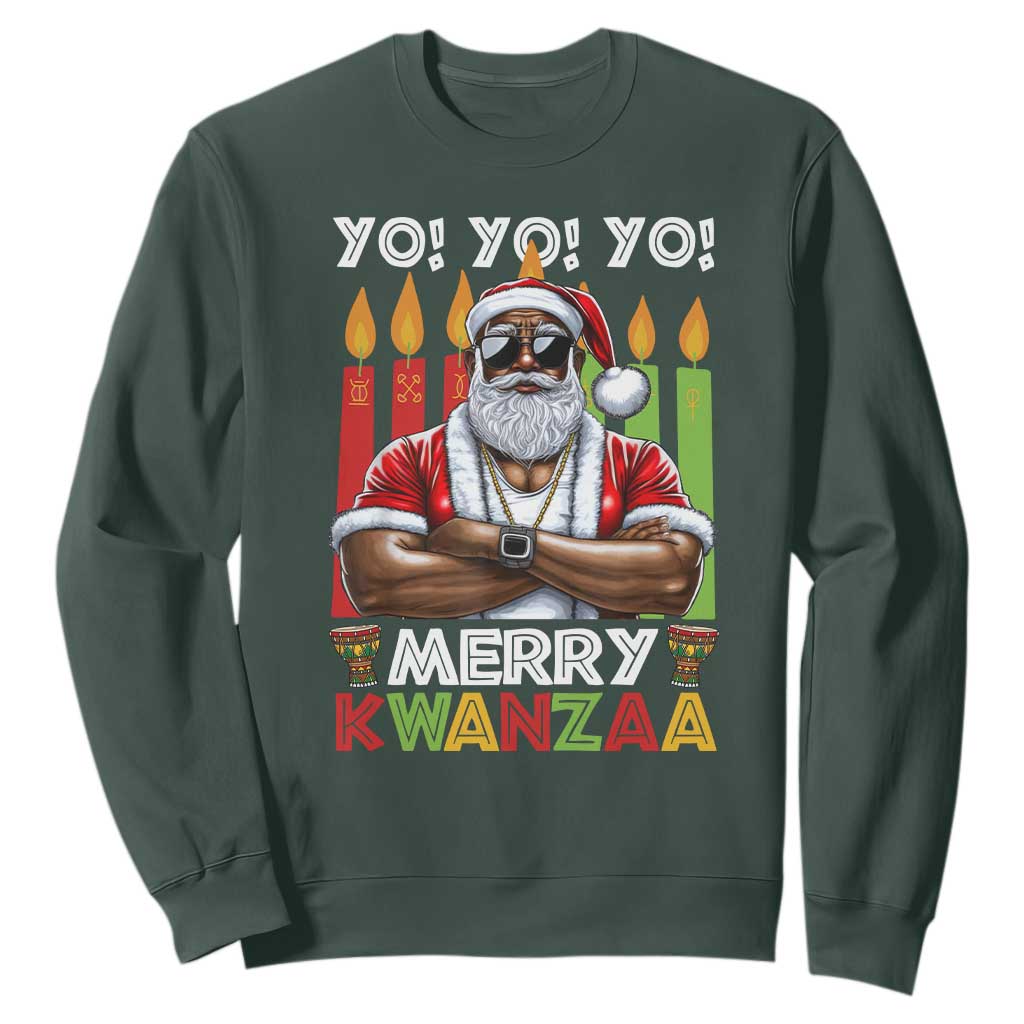 Merry Kwanzaa Sweatshirt African American Santa Black Christmas TS09 Dark Forest Green Print Your Wear