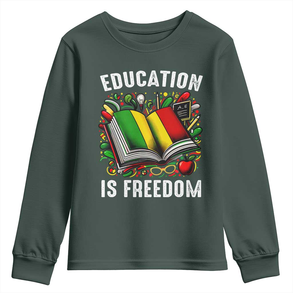 Black Teacher Youth Sweatshirt Education Is Freedom Reading Books Black History Month TS09 Dark Forest Green Print Your Wear