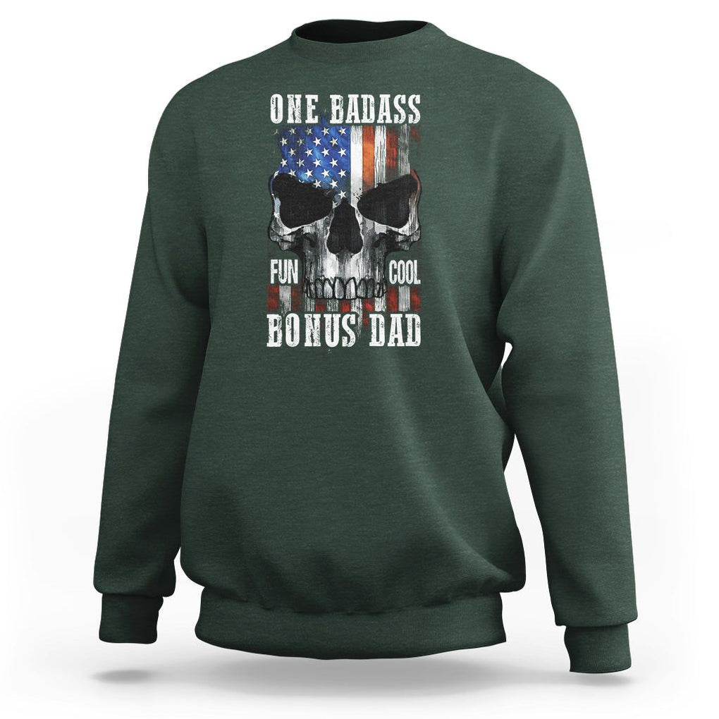Father's Day Sweatshirt One Badass Bonus Dad Skull TS09 Dark Forest Green Print Your Wear