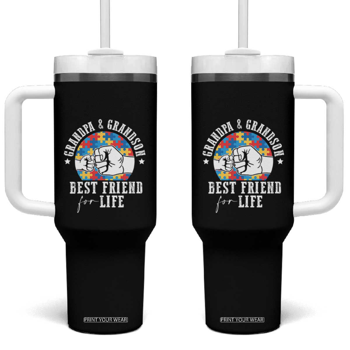 Autism Awareness Tumbler With Handle Grandpa Grandson Best Friend For Life Father's Day TS09 One Size: 40 oz Black Print Your Wear