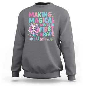 1st Grade Mermaid Unicorn Sweatshirt Making Magical Waves In First Grade TS09 Charcoal Print Your Wear