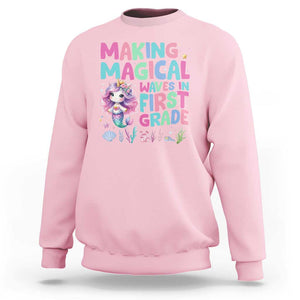 1st Grade Mermaid Unicorn Sweatshirt Making Magical Waves In First Grade TS09 Light Pink Print Your Wear