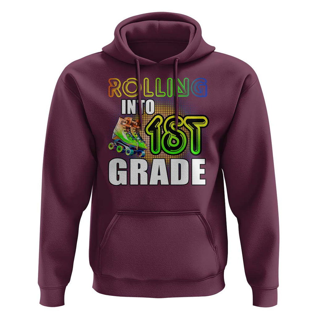 Rolling Into 1st Grade Skating Hoodie Back To School Rainbow Roller Skates TS09 Maroon Print Your Wear