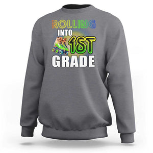 Rolling Into 1st Grade Skating Sweatshirt Back To School Rainbow Roller Skates TS09 Charcoal Print Your Wear