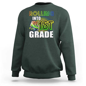 Rolling Into 1st Grade Skating Sweatshirt Back To School Rainbow Roller Skates TS09 Dark Forest Green Print Your Wear