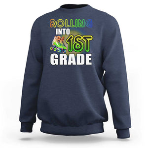 Rolling Into 1st Grade Skating Sweatshirt Back To School Rainbow Roller Skates TS09 Navy Print Your Wear