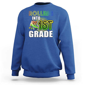 Rolling Into 1st Grade Skating Sweatshirt Back To School Rainbow Roller Skates TS09 Royal Blue Print Your Wear