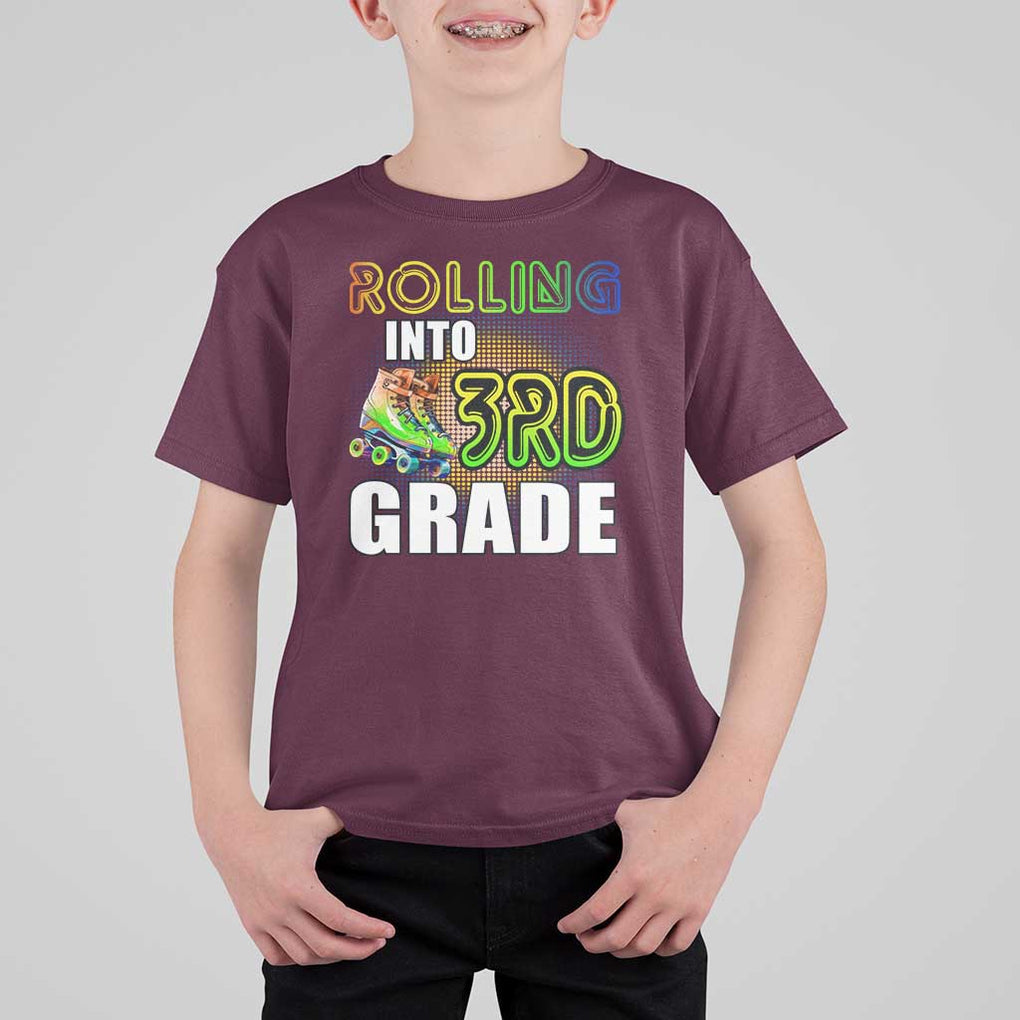 Rolling Into 3rd Grade Skating T Shirt For Kid Back To School Rainbow Roller Skates TS09 Maroon Print Your Wear