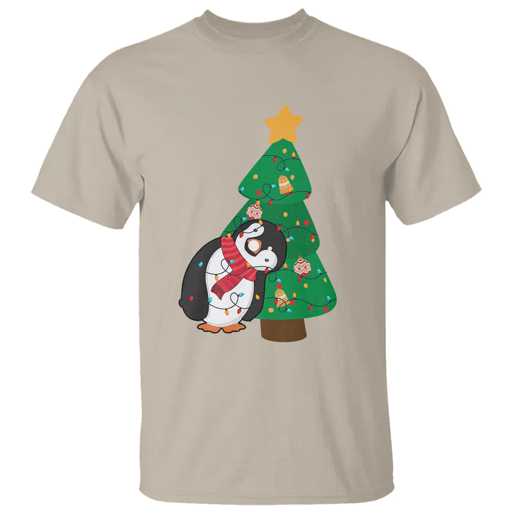 Funny Penguin With Christmas Tree Tangled Xmas Light T Shirt TS09 Printyourwear