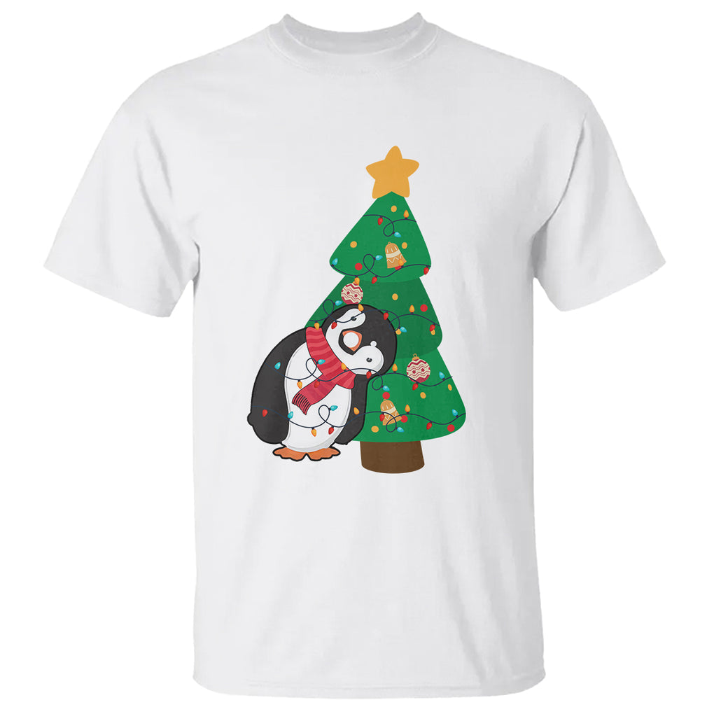 Funny Penguin With Christmas Tree Tangled Xmas Light T Shirt TS09 Printyourwear