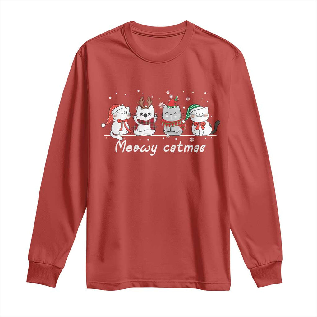 Xmas Cat Long Sleeve Shirt Meowy Catmas Cute Cat Santa Hat TS09 Red Print Your Wear